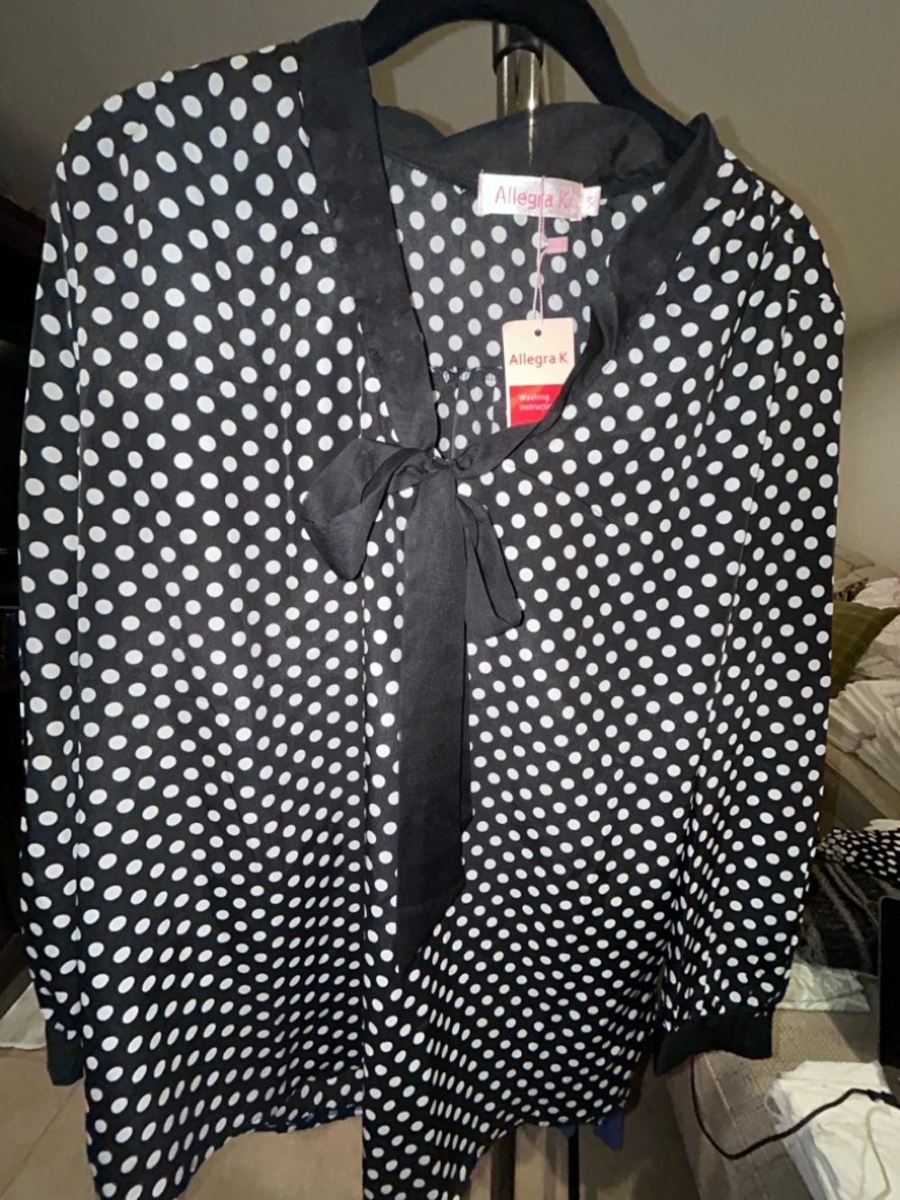 Allegra K Black and White Polka Dot Tie-Neck Top